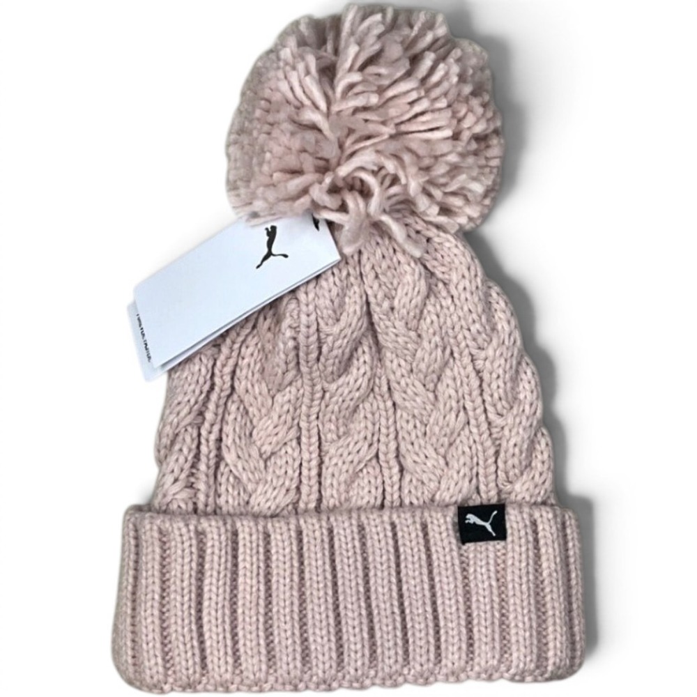 Puma Womens Cable Knit Pom Pom Beanie Hat Pastel Pink 024038-02 OS NWT